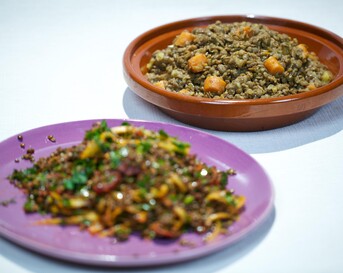 Marokkaanse linzenstoof met ras el hanout & Linzensalade met venkel en sucuk