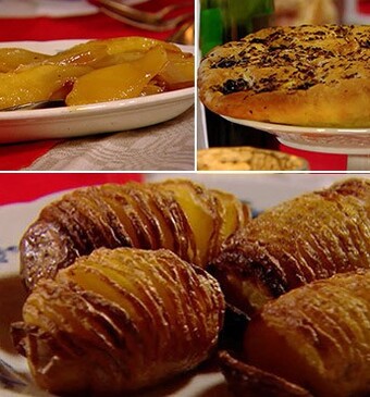 Hasselback aardappels, focaccia met rozemarijn, olijven en sinaasappel & peren met marsala, sinaasappel en kruidnagel