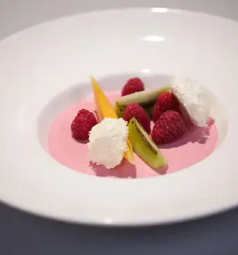 Frambozen panna cotta met kiwi en kokosmeringue