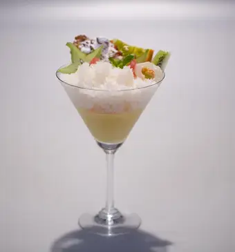 Lycheegranité, mandarijn-yuzu cremeux en zoete rempejeh