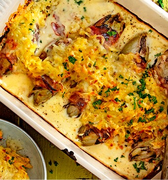 Witlofgratin met kaas, rösti en ham 