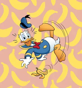 Donald Duck struikelt over banaan