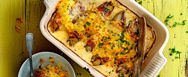 Witlofgratin met kaas, rösti en ham 