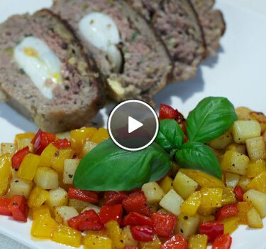 Polpettone alla sarda (gevuld gehakt) & patate e peperoni fritti (gebakken aardappels met paprika)