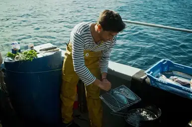 Hugo maakt een gebakken vis klaar op een boot.