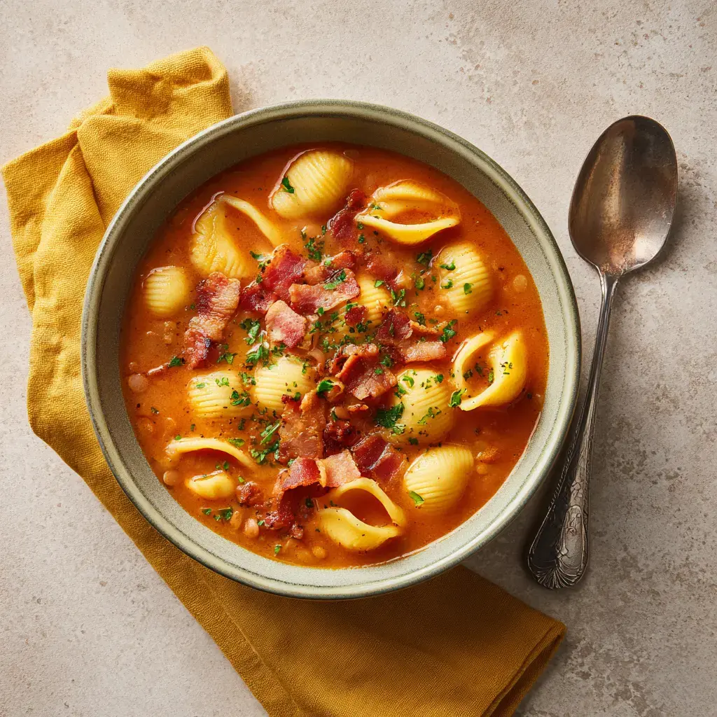 Gevulde linzensoep met pastaschelpen