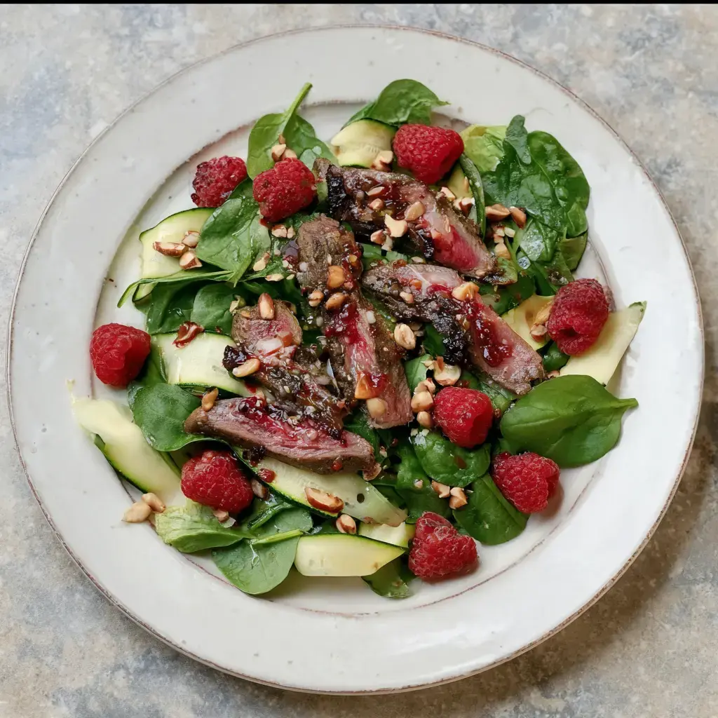 Courgettesalade met duif en frambozen