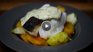 Kabeljauw met pompoen en aardappel uit de oven