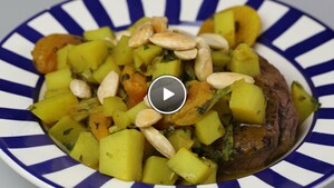 Tajine rundvlees met gedroogde abrikozen en amandelen (marrokaans stoofpotje)