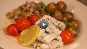 Kabeljauw uit de oven met champignonsaus