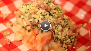 Lentepuree met asperges en ham-eisaus