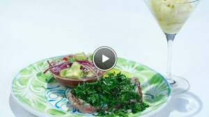 Chimichurri van peterselie & nagerecht: peren met gembersiroop