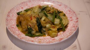 Stofoe botoe paksoi (gestoofde kipbraadsticks met paksoi)