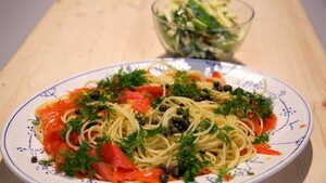 Spaghetti met gerookte zalm