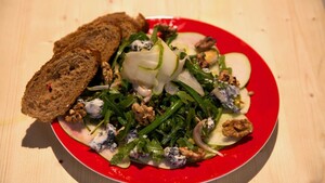 Carpaccio van peer met witlof-bonensalade