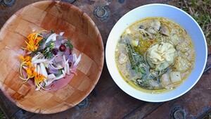 Zoete aardappel en wilde gember Tom Yum soep