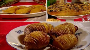 Hasselback aardappels, focaccia met rozemarijn, olijven en sinaasappel & peren met marsala, sinaasappel en kruidnagel