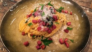 Linguine met pompoencarbonara