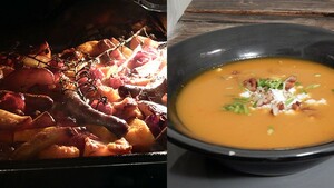 Ovenplaat met pompoen en lamsworst, pompoensoep met geitenkaas & rauwe courgettesalade