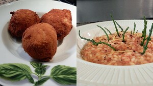 Arancini (risottoballetjes) gevuld met worst & zeekraal-tomatenrisotto