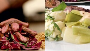 Aziatische biefstuksalade met noedels & biefstuk met pepersaus en rucolastamppot