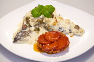 Pescado Almendrado uit Mexico (Zeebaars in amandelsaus) met tarte tatin van zoete aardappel