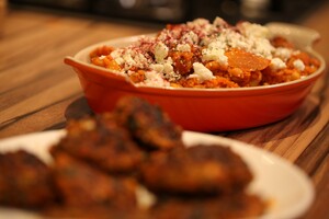 Bulghurpilav met tuinbonen en kikkererwten & kebab