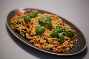 Carbonara con melanzane (carbonara met aubergine)