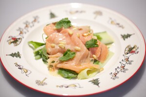 Gerookte zalm met witte chocoladevinaigrette