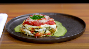 Lasagne met ricotta, tomaat, aubergine en basilicum