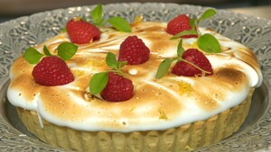 Amandelchocoladetaart met karamel, frambozen en marshmallow