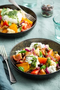 Panzanella met basilicumolie en burrata