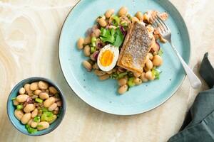 Rosé gebakken zalm met salade van limabonen