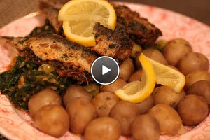 Bokronis (sardientjes) met krieltjes en Marokkaanse spinazie