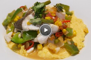 Harinapudding uit Peru met kabeljauw en groente