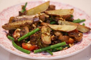 Balsamico-champignons met rosevalfriet