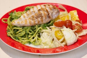 Spaghetti met kipfilet en hazelnoten-rucolapesto