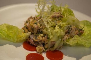 Salade van gerookte makreel, komkommerlinten en paprikagelei