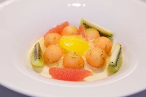 Meloenfrappé met mangosorbetijs