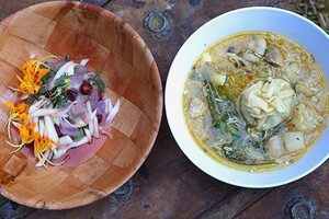 Zoete aardappel en wilde gember Tom Yum soep