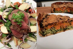 Hartige taart met boerenkool & maaltijdsalade met boerenkool en hertenbiefstuk