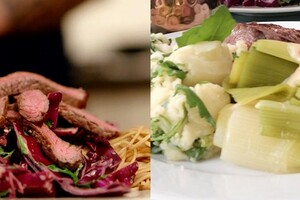 Aziatische biefstuksalade met noedels & biefstuk met pepersaus en rucolastamppot