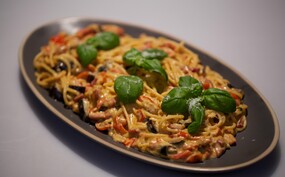 Carbonara con melanzane (carbonara met aubergine)