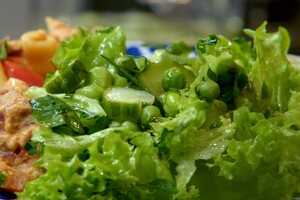 Groene salade met komkommerzoetzuur