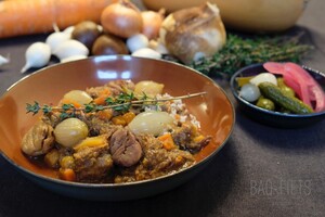 Wildstoof met tamme kastanjes, pompoen en marloeskes