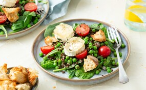 Salade van linzen, doperwten, munt en gegratineerde geitenkaas