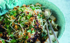 Salade van gebakken tahoe en taugé in lichtpittige ketjapsaus