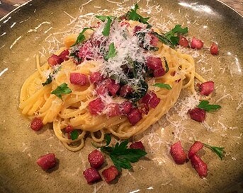 Linguine met pompoencarbonara