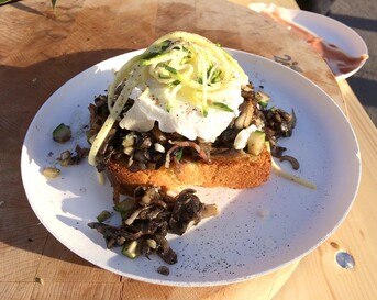 Briochetoast met paddenstoelen, geitenkaas en courgette