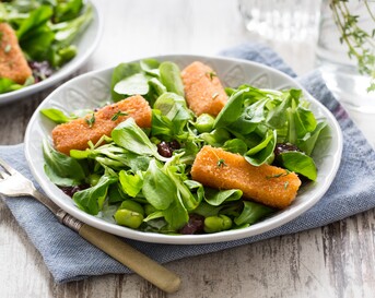 Salade met gebakken kaasstukjes, tuinboontjes en cranberrydressing